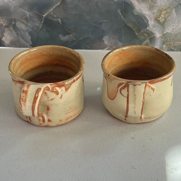 Studio Art Pottery Mugs Set of 2 Handmade Tan & Red Semi-matte - Picture 3 of 14